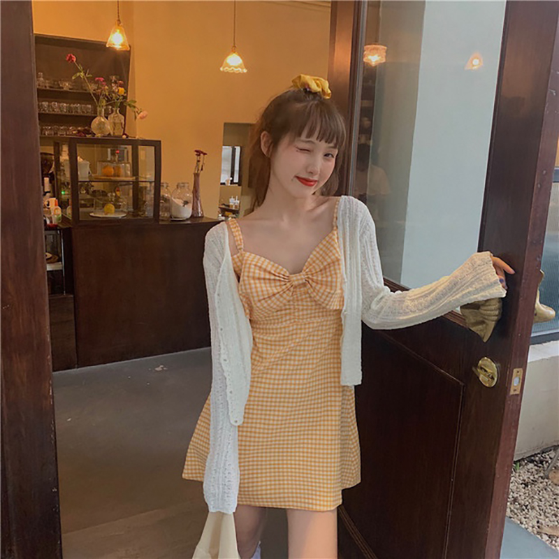 Official picture, four side bullet, bow tie suspender dress, women's Korean version design, mean plaid skirt