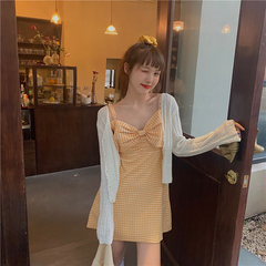 Official picture, four side bullet, bow tie suspender dress, women's Korean version design, mean plaid skirt