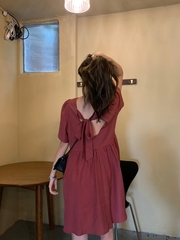 Official figure summer new solid short sleeve open back fashion short slim dress for women