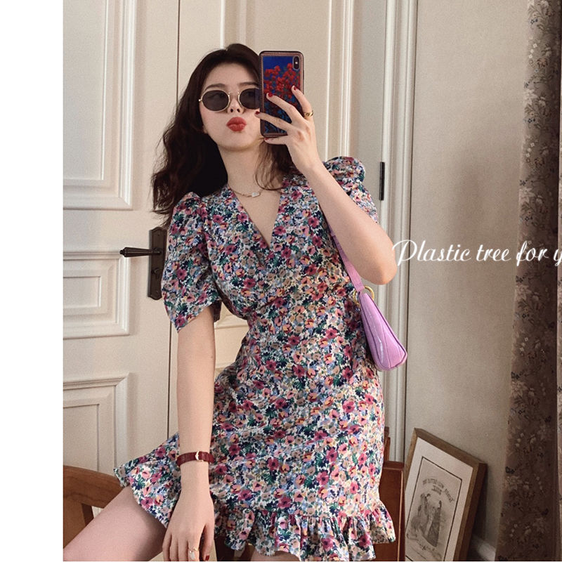 Ptree summer new slim V-neck floral dress French retro floral waist V-neck dress short sleeve skirt