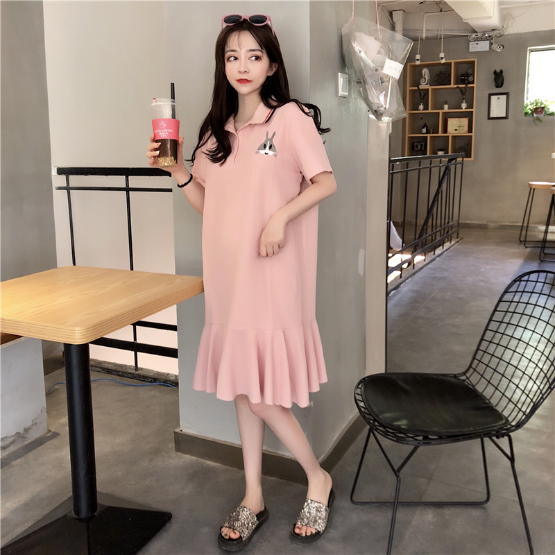 Slim polo collar rabbit embroidery medium length short sleeve dress