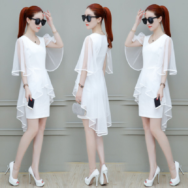 Fat sister 2021 summer new large women's short sleeve mesh V-neck fat mm Slim dress foreign style age reduction