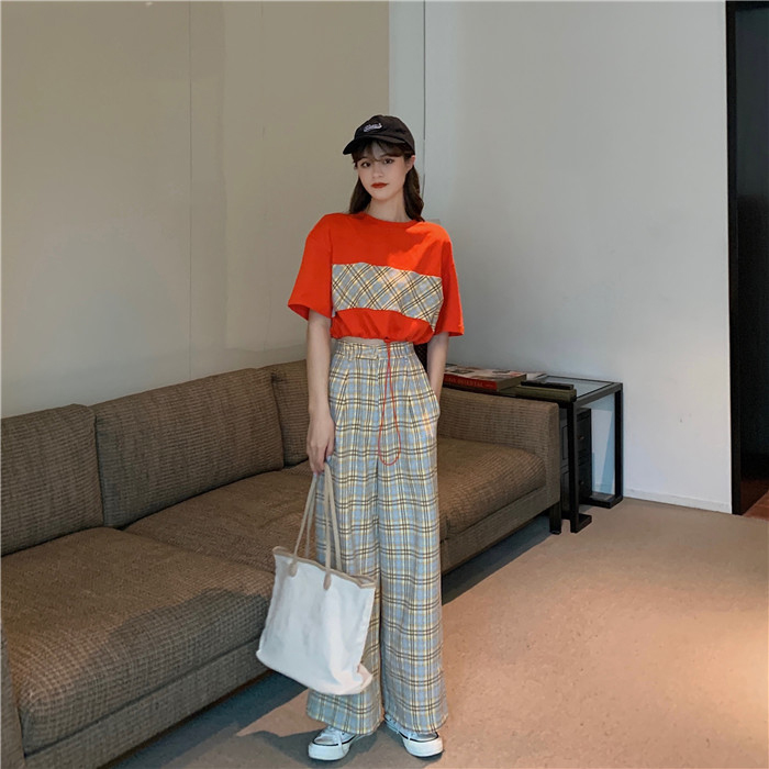 2021 summer fashion student two piece short drawstring T-shirt + Plaid wide leg pants