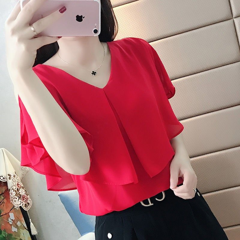 2021 off shoulder chiffon T-shirt short sleeve women's new summer dress student's loose and slim V-neck shirt with foreign style