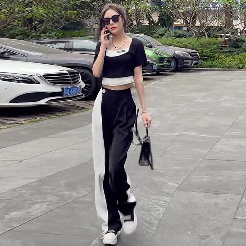 Fried Street short fake two piece splicing T-shirt women's Hong Kong style fashion black and white color matching wide leg floor dragging pants two piece suit