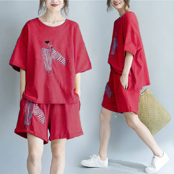 2021 summer new large women's short sleeve T-shirt loose fashion suit fat mm leisure show thin two piece women's suit