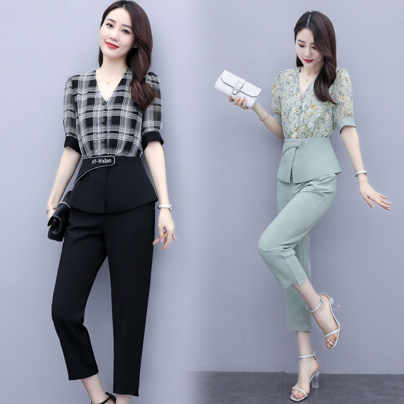 Large women's 2021 summer new suit fat sister shirt women's loose and thin Plaid two piece Leggings