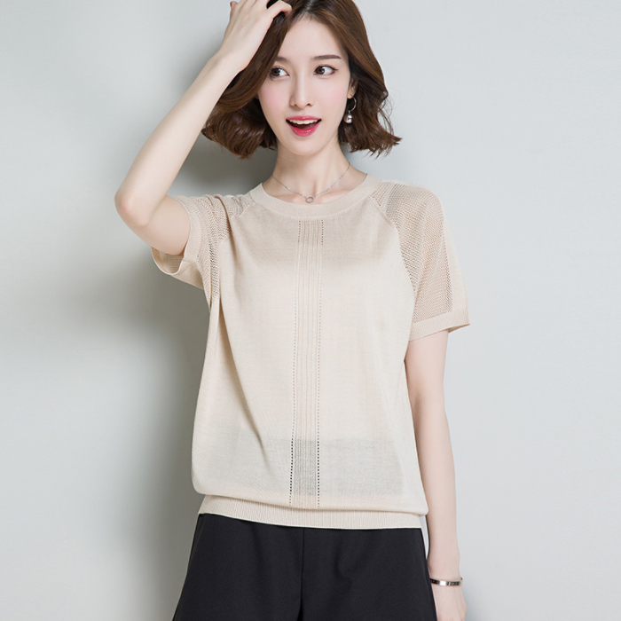 Women's knitting short sleeve 2021 new loose half sleeve T-shirt women's ice silk sweater thin round neck clean edition top