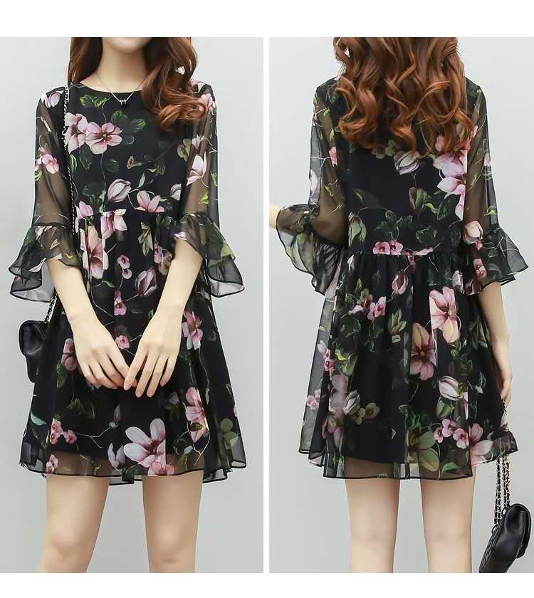 Summer new large women's fat sister round neck lotus sleeve print medium length Chiffon Dress