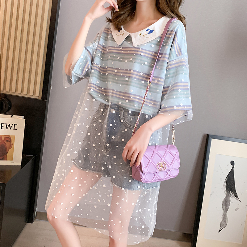 Official picture 2021 summer baby collar medium length mesh splicing short sleeve t-shirt female