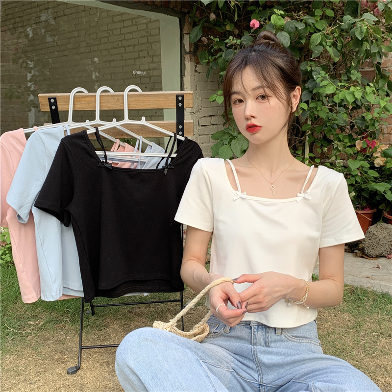 Foreign style bow square neck short sleeve T-shirt for women in summer 2021