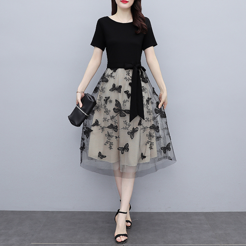 Mesh embroidery 2021 new women's fashion small dress short sleeve Summer Style Floral Skirt