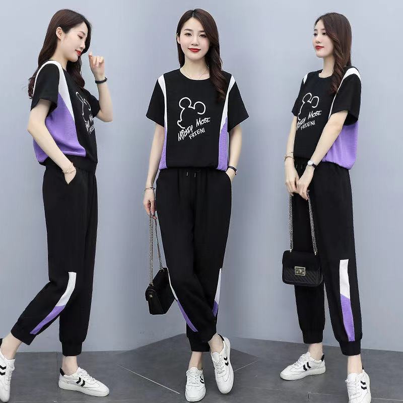 Sports and leisure suit women's summer 2021 new Korean slim large size air lettered top and trousers two piece set
