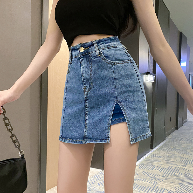 Real shooting denim skirt short skirt women's summer 2021 new half length skirt high waist A-line skirt hot girl buttock split skirt