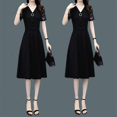 Dress women's new style summer 2021 fashion fashion air show thin high-end floral splicing V-neck medium length skirt