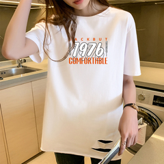 White cotton T-shirt women's short sleeve top loose Korean version with medium and long base coat short sleeve design