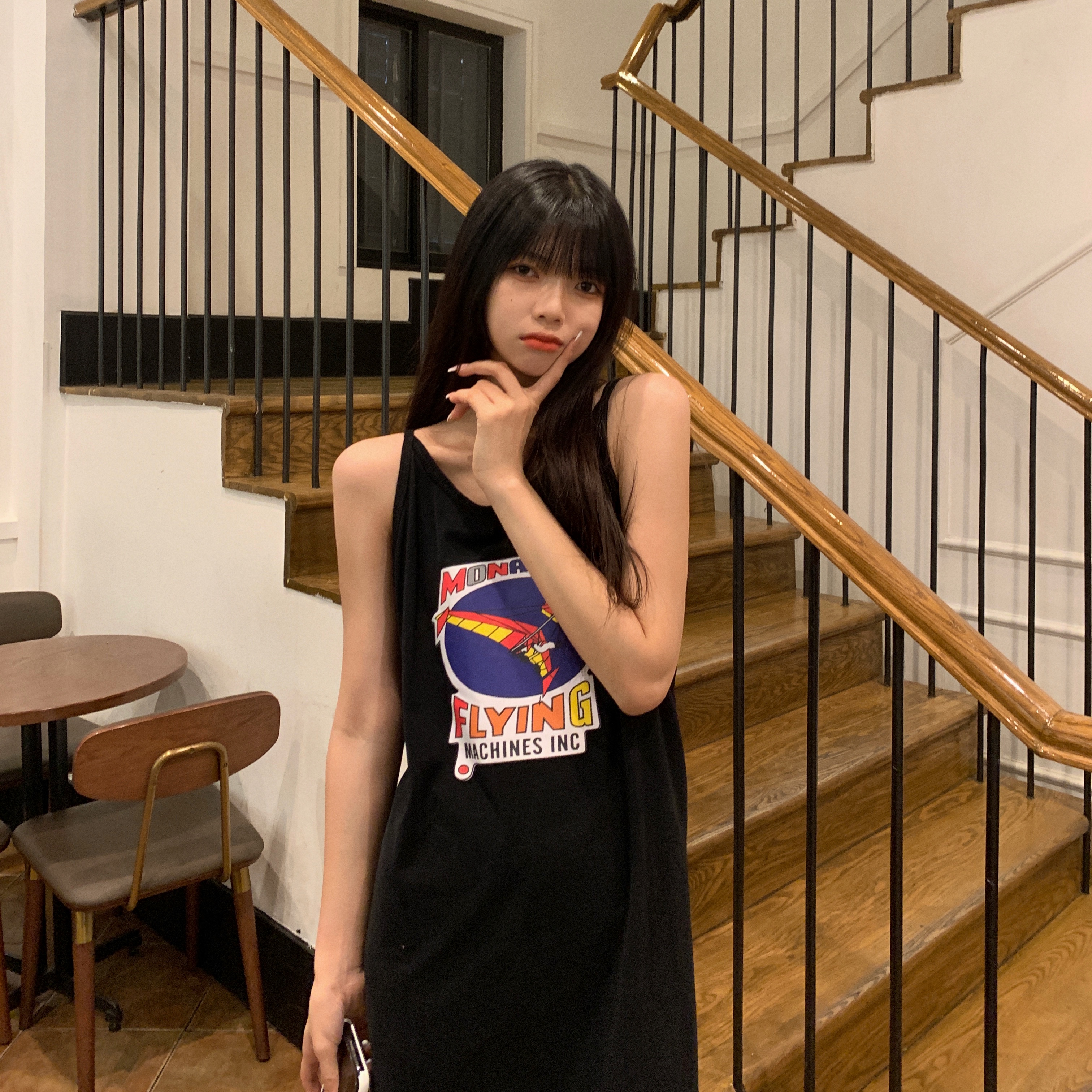 Print suspender vest skirt loose strap split dress women's cotton photo