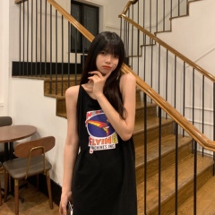 Print suspender vest skirt loose strap split dress women's cotton photo