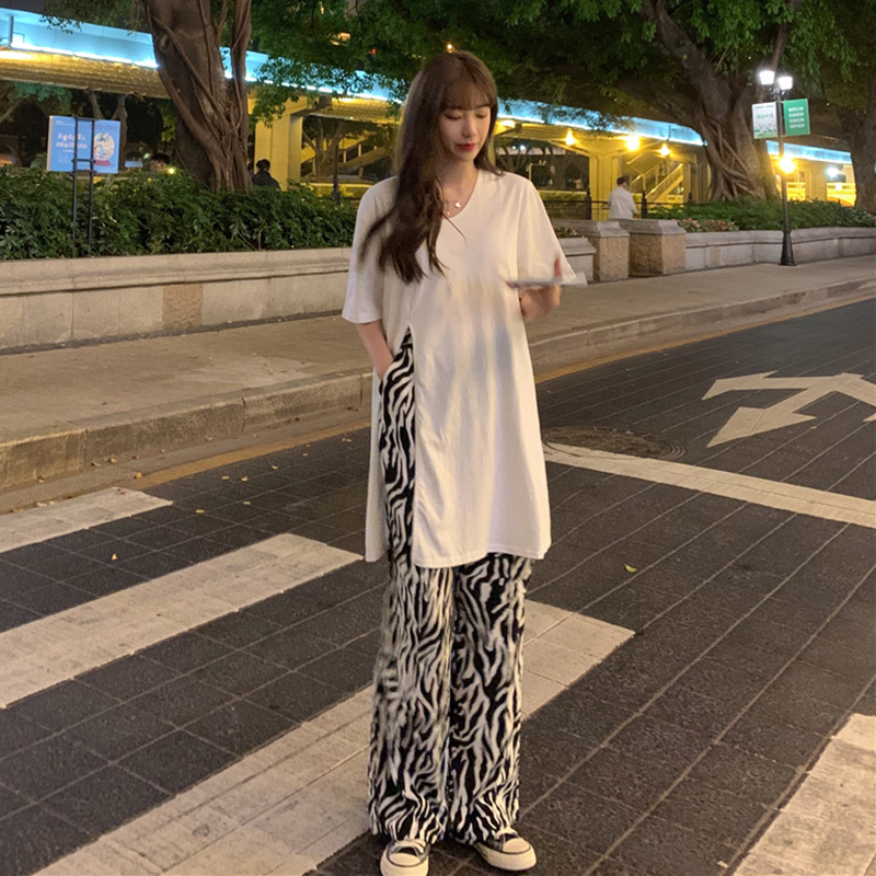 2021 new high waist and thin zebra pattern draped wide leg casual pants women's fashion suit
