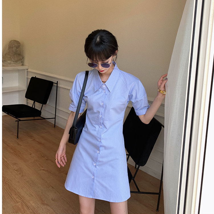 Official website shirt skirt women's summer slim waist design blue stripe short sleeve dress fashion