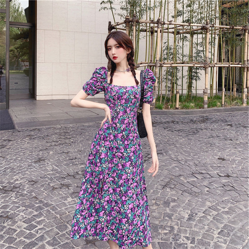 Large floral dress 2021 women's summer purple bubble sleeve split French long skirt fat mm Fairy Dress