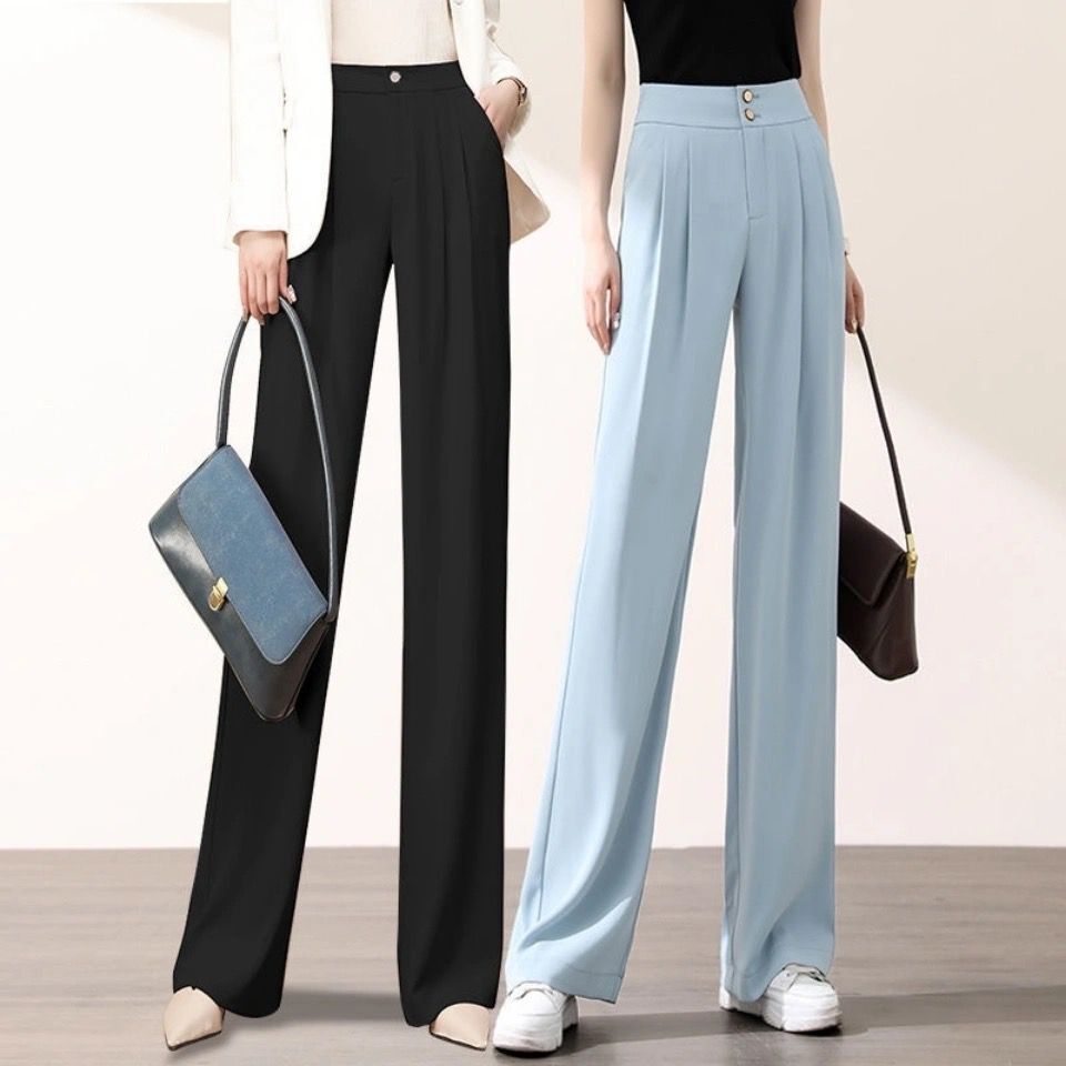 Summer season wide leg pants women's high waist breasted suit pants women's loose and versatile drooping feeling slim floor length pants
