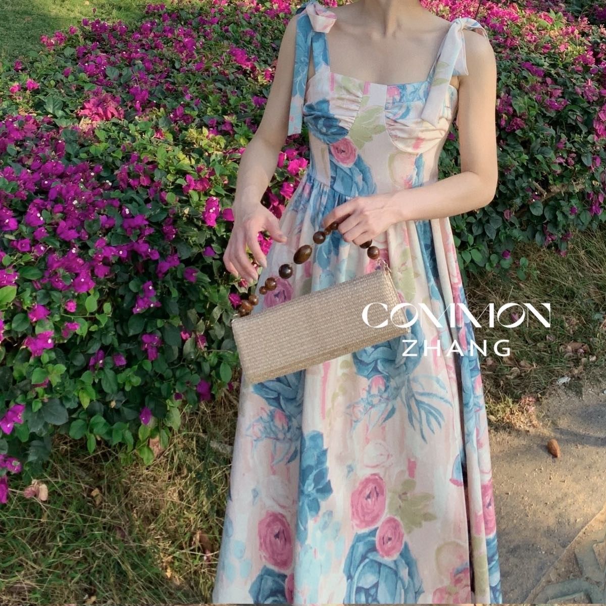 Medium and long fashion printed chiffon suspender dress
