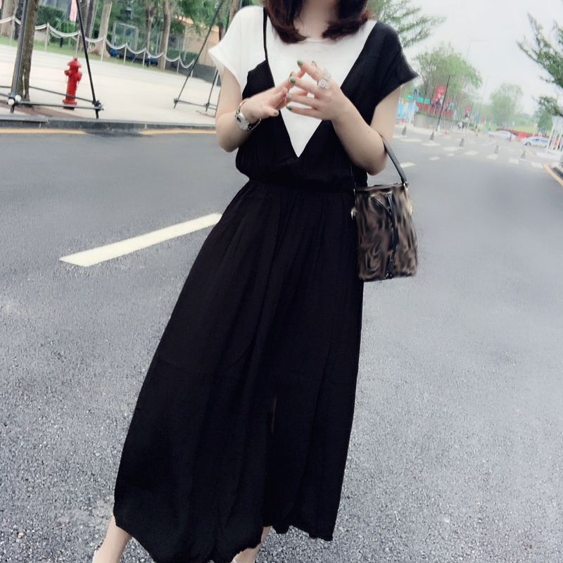 Fat sister age reduction waist air French dress large women's summer vacation two over knee chiffon long skirts