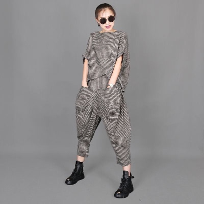 Fat sister RETRO art stripe casual suit women's large loose Short Sleeve T-Shirt Top Women's knickerbockers