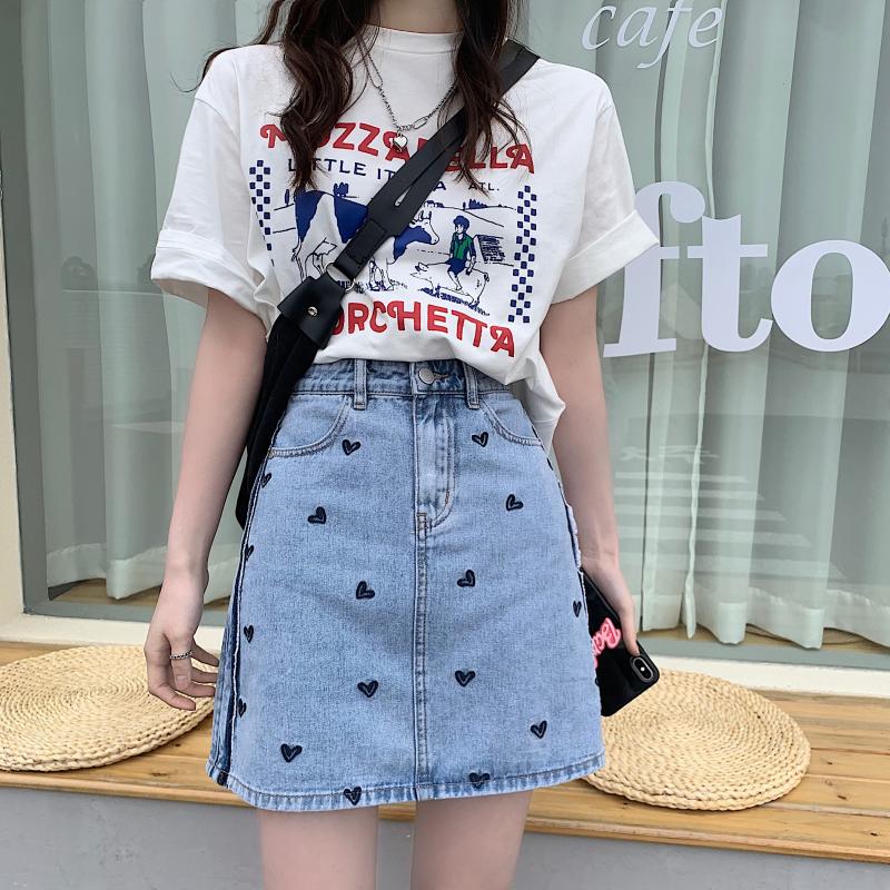 Cute sweet girl ~ girl's love denim skirt, high waist A-line shows thin skirt, feminine style