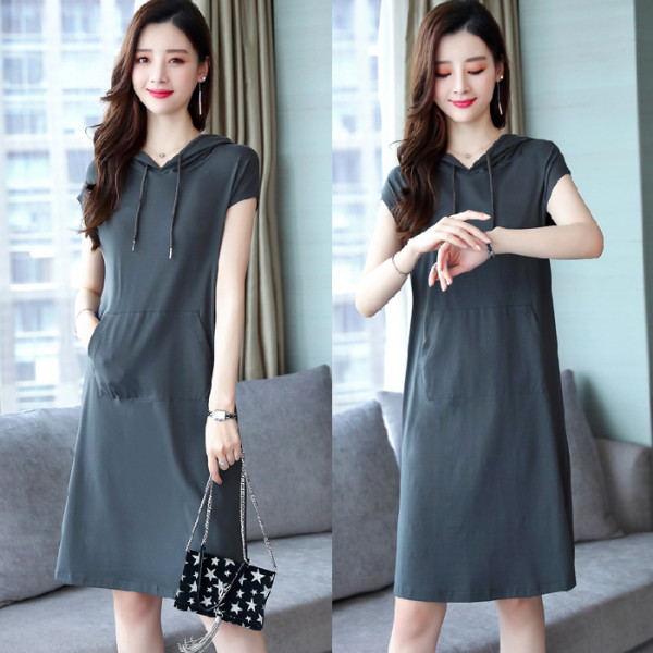 Hooded sweater dress women's summer mid long 2020 new Korean casual loose short sleeve slim skirt