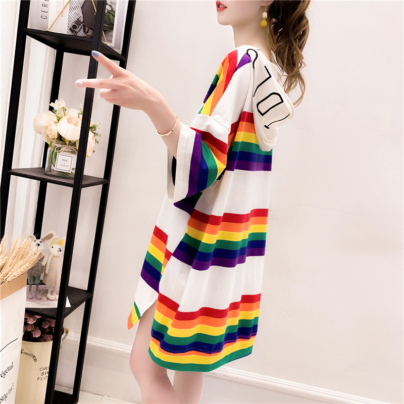 Official photo 2021 summer super fire net red stripe short sleeve hooded front short back long t-shirt female