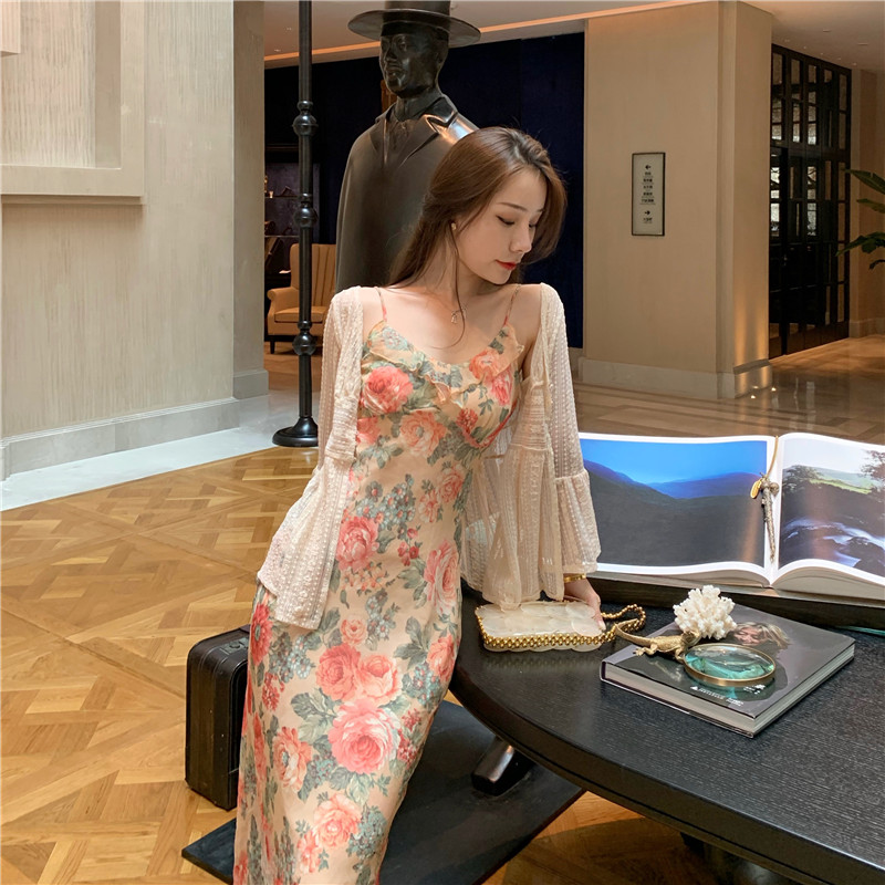 New early spring skirt Chic French floral suspender dress Monet oil painting skirt women's summer long