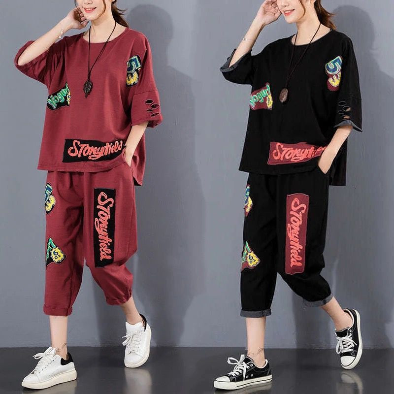 Cotton one piece / suit large size women's summer new loose letter sticker two piece suit