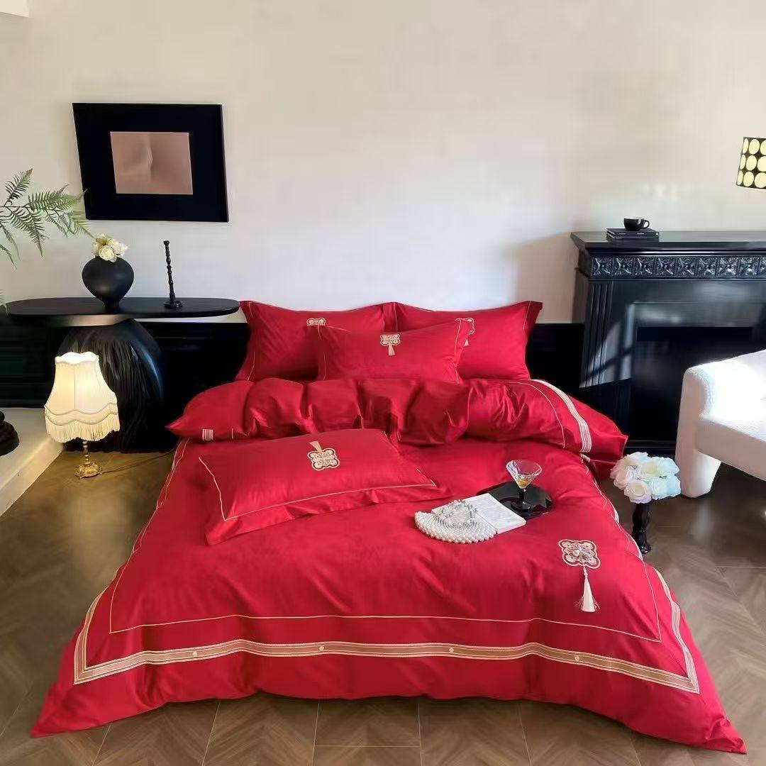新中式婚庆 新疆长绒棉100全棉200*230被套四件套 精美刺绣提花,床上用品,婚庆床品套件,淘宝优惠券,粉丝福利购,淘宝优惠卷