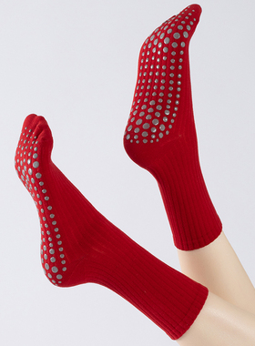 红色瑜伽袜中筒普拉提专用袜健身防滑专业女室内运动成人地板袜子