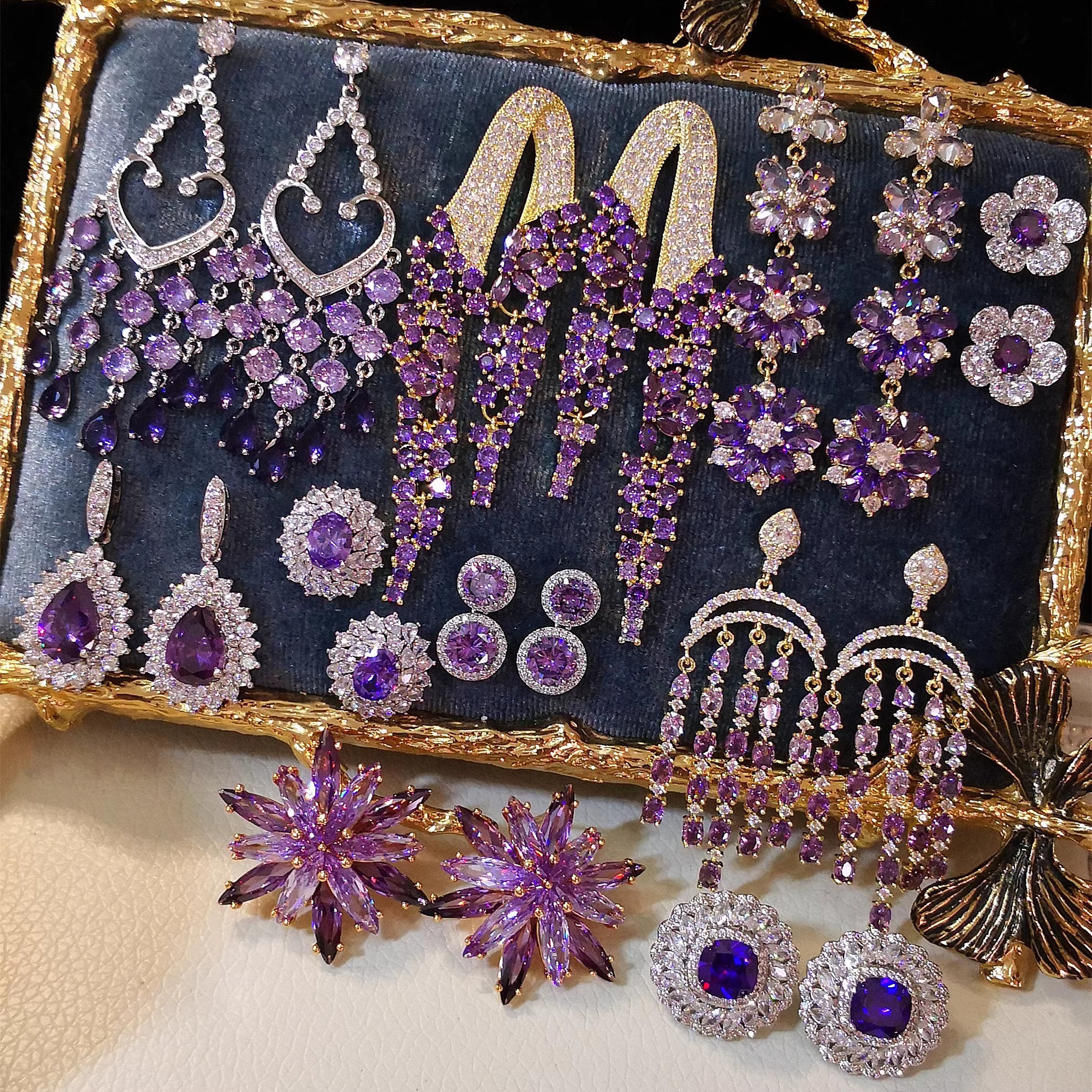 欧美饰品锆石紫色流苏叶子花朵女