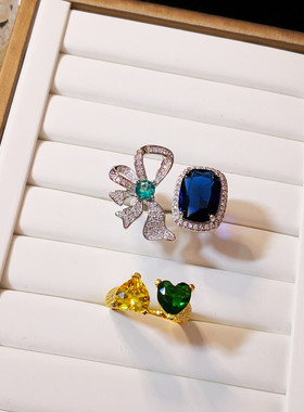 欧美饰品微镶锆石夸张蝴蝶结爱心开口戒指奢华大方气质女时尚桃心