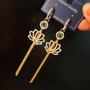 古风饰品微镶锆石莲花长款流苏气质耳环耳圈女二戴汉服配饰复古