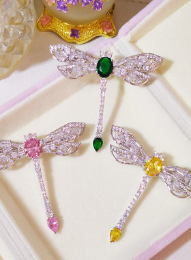 民族风饰品微镶锆石粉黄祖母绿色昆虫蜻蜓超闪胸针气质西装配饰女