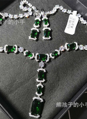 欧美微镶锆石祖母绿宴会复古项链