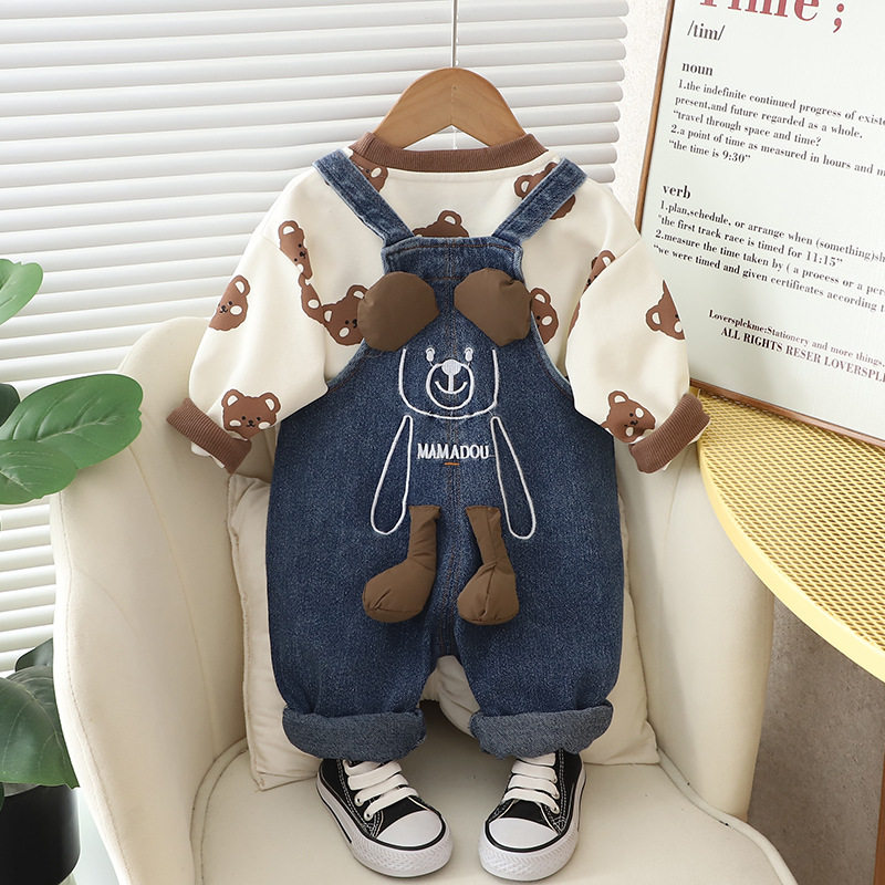 男宝宝春秋套装2026新款儿童男童卡通动物背带裤两件套婴儿衣服潮