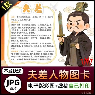 吴国吴王夫差人物介绍图卡手抄报名片电子小报黑白线稿展板图片A4