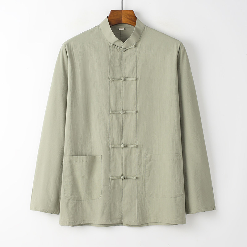 唐装男亚棉麻连肩袖长袖上衣外套中式改良立领盘扣复古衬衫中青年