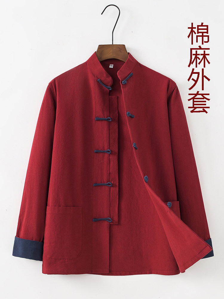 CHINESE STYLE TANG COSTUME MALE YOUTH COTTON AND LINEN JACKET SPRING AND AUTUMN STYLE CHINESE RETRO BUCKLE HANFU TOP ZEN MONK CLOTHES