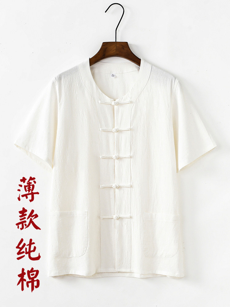CHINESE STYLE TANG COSTUME SHORT SLEEVE MENS CHINESE STYLE THIN COTTON COLLARLESS LOOSE HALF-SLEEVED HANFU LAY CLOTHES RETRO DAD CLOTHES