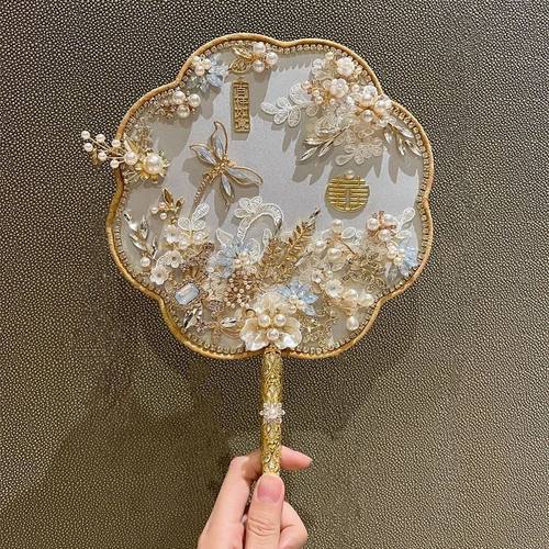 新娘结婚团扇浅蓝冰蓝色手工
