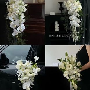 手捧花瀑布垂坠感新娘花束 结婚摄影仿真花绿白假花家居台面装饰