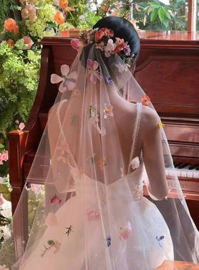 仿真绢花彩色头纱新娘订婚头饰