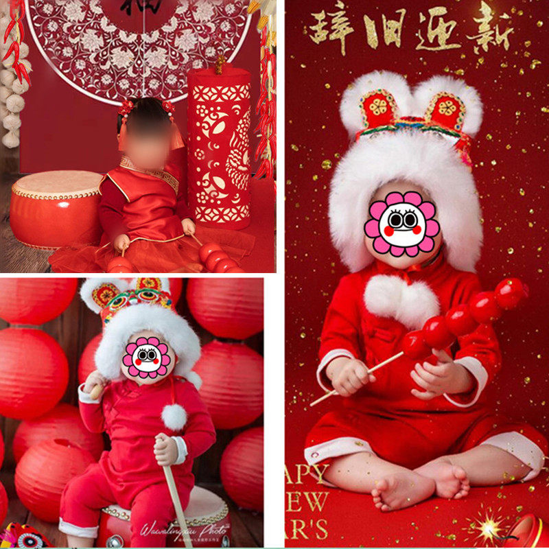 影楼拍照服装百天宝宝主题儿童摄影虎头帽新年喜庆灯笼摆挂件背景